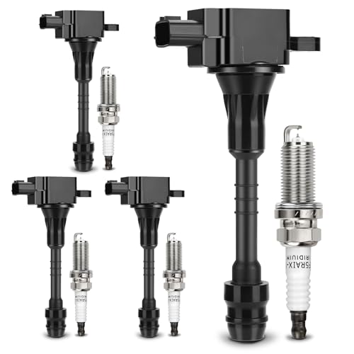 Image of UF351 Ignition Coil & 4505 Double Iridium Spark Plug OE# 22448-6N011 C1397 | Fits for 2002 2003 2004 2005 2006 Nissan Sentra,2001 2002 2003 2004 2005 Almera 1.8L L4 (Set of 4) OE# 22448-6N015 5C1394