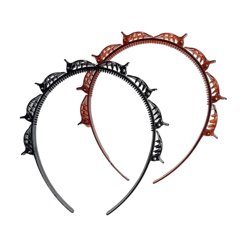 2Pcs Double Bangs Hairstyle Hairpin Headband With 8 Small Clip,Women Double Layer Twist Plait Hair Tools for Curly,Thick Hairs,Toothed Hair Bands Braid Tool Hair Accessories,Black and Reddish brown