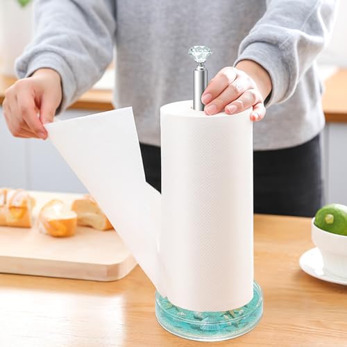 Image of FONMY Paper Towel Holder Countertop Acrylic w /Nature Seashell Handmade,Seascape Standing Paper Towel Roll Holder for Kitchen Bathroom, with Weighted Base Suction Cups for One-Handed Operation (Blue)