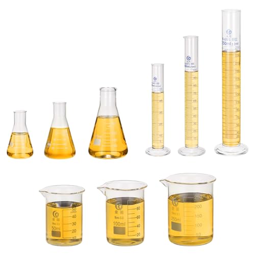 PATIKIL Beaker, Flask, Cylinder Set, 3.3 Borosilicate Glass 50/100/250ml Measuring Cup, 10/50/250ml Graduated Cylinder, 50/100/250ml Flask for Lab Experiments, Cooking