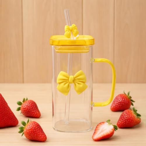 Image of FUNKYFINDS Cute Yellow Bow Square Glass Cup 400 ml with Handle, Lid & Bow Straw Cute Korean Style Cup for Milk, Juice, Coffee & Smoothies Coquette Bows Birthday Gifts for Girls Women (Set of 1)