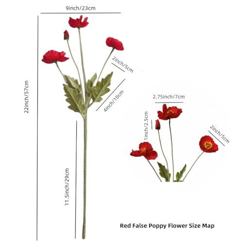 Dodxiaobeul 3 Bundles Of 22 Inches Tall Red Poppy Flowers Artificial,Ranunculus Artificial Flowers,Faux Flower Stems For Wedding,Party thumb #1