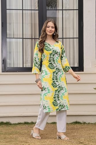 Image of Women's Tie-Dye Printed Kurti, V-Neck, 3 /4 Sleeves, Multicolour, Casual Wear