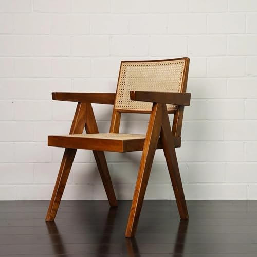 Image of Solid Wooden Rattan Arm Chair | Cane Dining Chair for Living Room, Hall and Office (Set of 4) | Natural Finish | 50D x 50W x 90H Cm