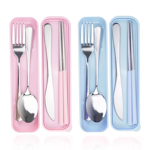 DIYJEP 2 Pièces Set de Couverts Voyage en Acier Inoxydable, Ensemble de Couverts de Camping avec Etui Baguettes Couteau Fourchette Cuillère Pour Pique-Nique École DéJeuners Bureau (Bleu + Rose)