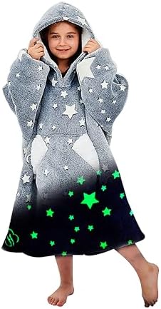 Ramees Wearable Blanket Hoodie for Kids, Sherpa Oversized Sweatshirt Blanket Flannel with Hood Pocket and Sleeves