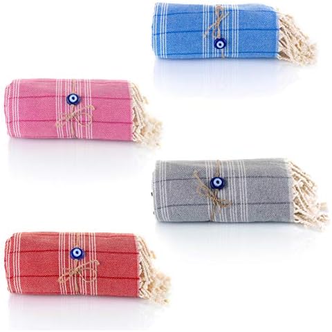 Pestemal Turkish Hammam Towel with the Evil Eye Set of 4 100% Cotton Quick Dry Absorbent for Bath, Gym, Beach, 90*180cm, 600gr, Fouta Towels for Traveling, Spa, Picnic, Blanket (Pink/Grey/Blue/Red) Cover