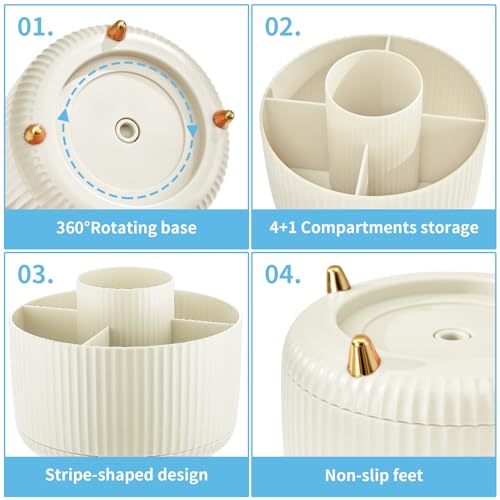 Image of Marbrasse Desk Organizer, 360-Degree Rotating Pen Holder, 5-Compartment Pencil Organizer, Art Supply Storage Box Caddy for Office and Home (Ivory)