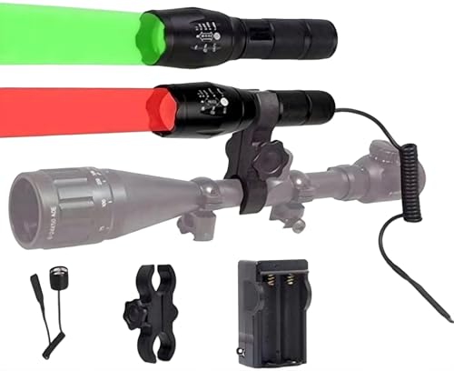 BESTSUN 350 Yard Red and Green LED Coyote Hog Hunting Flashlight Light with Pressure Switch & Scope Mount, Zoomable Green and Red Light Predator Varmints Hog Night Hunt Tactical LED Flashlights