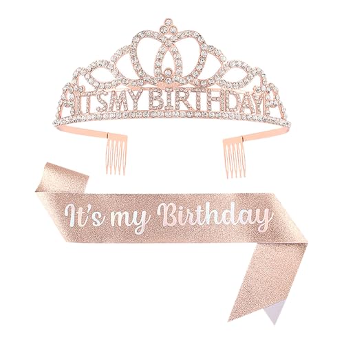 JIHUOO It's My Birthday Krone Stirnband und Schärpe Happy Birthday Strass Stirnband Geburtstag Mädchen Stirnband Glitzer Geburtstag Schärpe und Tiara Haarband Geburtstag Party Kopfschmuck Rose Golden