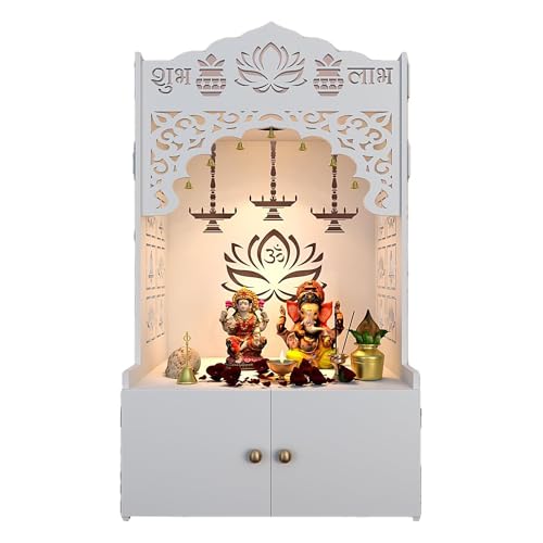 Homscape Lotus Tranquility White Finish Wooden Temple for Home with Inbuilt Focus Light
