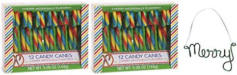 Candy Cane and Ornament Bundle 2 Pack of 12 Candy Canes - 5.08 Oz Box - 24 Total Delicious Candy Canes and Bonus Wire Merry Ormament (Cherry and Green)