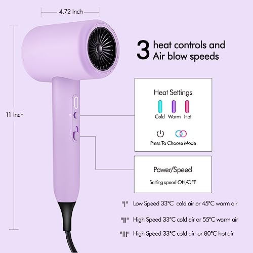 Hair Dryer, Portable Ionic Blow Dryer With Diffuser And Concentrator Nozzle, Diffuser Hair Dryer For Fast Drying Without Hair Damage, Low Noise Lightweight Travel Hair Dryer 3 Temps Purple #TOP3