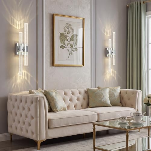 Image of Crystal Wall Sconces Set of Two Chrome Wall Sconce Hardwired LED Bathroom Vanity Light Fixtures 21.25in 4000K Vertical and Horizontal Wall Mounted Sconces for Bedroom, Living Room, Hallway