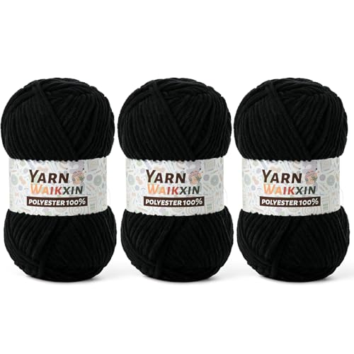 Image of 3 Pack Soft Chenille Yarn for Crocheting, Fluffy Chunky Crochet Yarn for Baby Blanket, (5.29oz /196.8yds) Fuzzy Velvet Yarn for Amigurumi&DIY Puzzle、Crafts、Scarf(3 Black)