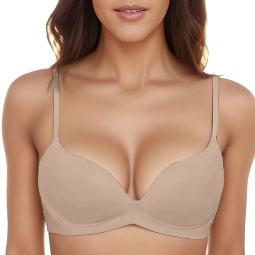 Soutien-gorge push-up t-shirt sans armature beige 32A/B avec coques amovibles et tissu sans couture