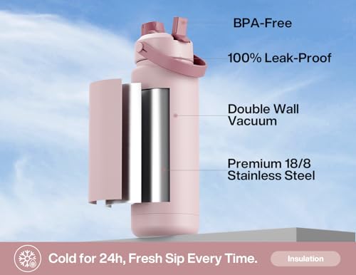 Image of POWCAN 32 oz Insulated Water Bottle with 2-in-1 Straw and Spout Lid, Keep Cold 24H, Leak-Proof, BPA-Free, Double Wall Stainless Steel Water Bottle for Sports, Gym, Travel, and School (Dried Rose)