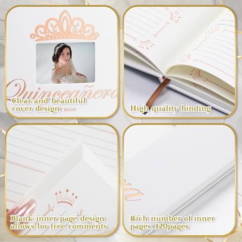 Image of MotiMind Quinceanera Guest Book with Pen 11 x 8 Inch Libro De Firmas Para 15 Anos Quinceanera Leather Hardcover Signature Book Guest Sign in for 15th Party Favors Decoration(White Rose Gold,Crown)