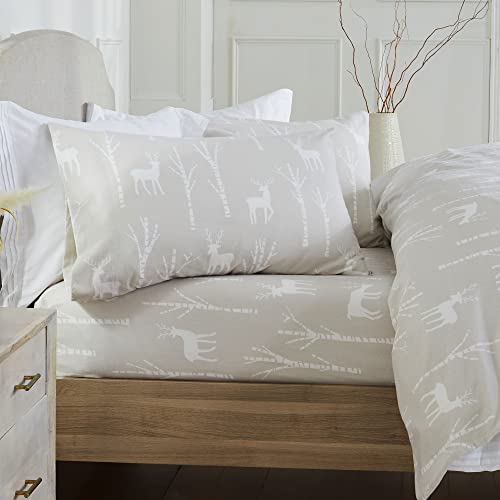 100% Turkish Cotton Flannel Sheet Set | 4 Piece Deep Pocket Novelty Cozy Winter Bed Sheets | Double Brushed for Extra Softness & Comfort | Alpine Collection (Queen, Trees & Deer)
