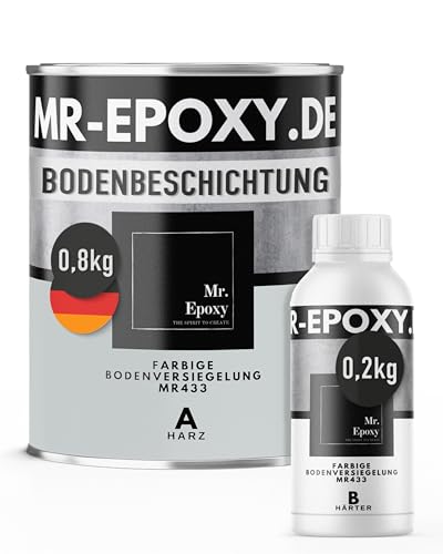 Mr. Epoxy Epoxidharz Bodenbeschichtung (1 kg, RAL 7035 Lichtgrau) - 2K Betonfarbe für Garagen, Keller & Werkstatt Boden - Flüssigkunststoff Epoxid Grundierung und Bodenversiegelung