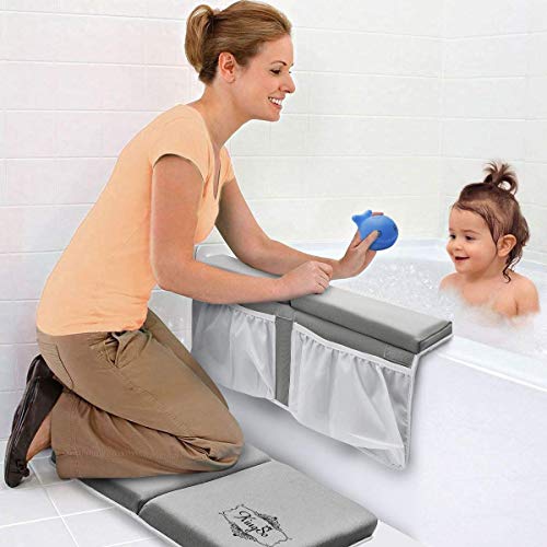 KingSo Bath Kneeler and Elbow Rest Pad Set 1.5'' Thick Baby Bath Kneeling Pad Non-Slip Thick Cushion Quick Drying Bathing Kneeling Mat Bathtub Knee Saver with 4 Mesh Bags 3 Squeeze Toys for Bathing