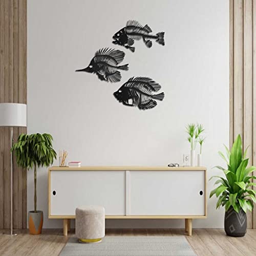 3 Pieces Metal Fish Wall Art, Black Fish Bone Metal Wall Sculpture, Nautical Style Metal Fish Wall Decor, For Indoor Outdoor Wall #TOP5