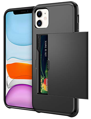 SAMONPOW Card Holder Case for iPhone 11 Dual Layer Protective Shell Wallet Case Hard PC Soft TPU Inner Rubber Bumper Credit Card Slot Back Shock Absorption Cover for iPhone 11,6.1 inch Black