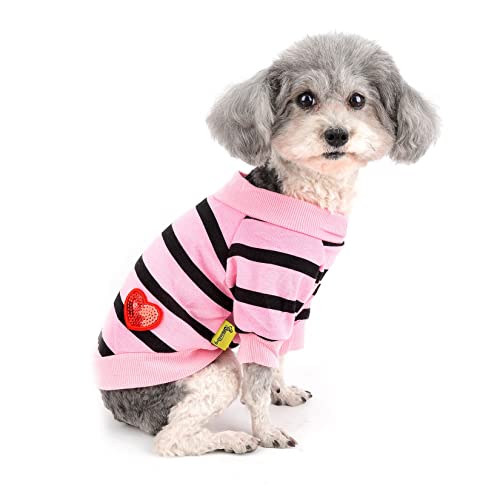 Zunea Hunde-Shirts für Kleine Hunde Sommer Basic T-Shirt Streifen Welpen Kleidung Pailletten Liebe Herz Sweatshirt Weiche Baumwolle Tee Shirt Haustier Pullover Chihuahua Bekleidung Babypink S