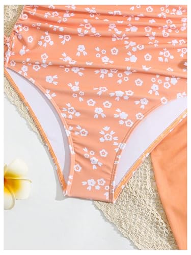 OYOANGLE Girl's Floral Ruched Side One Piece Swimsuit with Mesh Beach Skirt Cover Up Swimwear4