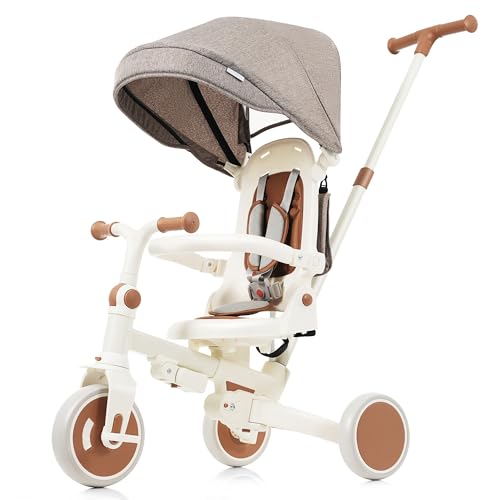 Image of 7 in 1 Baby Tricycle, Foldable Toddler Tricycle with Removable and Adjustable Parent Handle, Toddler Push Bike with Removable Pedal, Canopy, and Guardrail, Tricycle for 12-72 Months (Ivory)