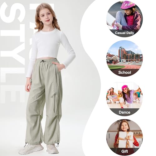 Image of Rolanko Wide Leg Girls Parachute Cargo Pants for Girls Butterfly Y2K Kids Cargo Jogger Trousers with Pockets Loose Fit