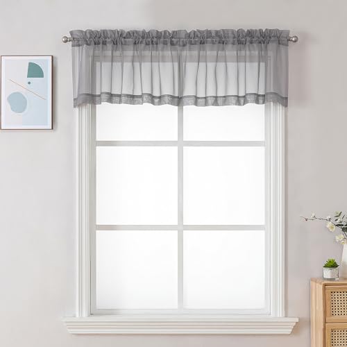 Image of Chyhomenyc Sheer Charcoal Grey Valances for Windows 2 Pack, Small Window Curtains for Living Room Bathroom Cafe Laundry Basement, Modern Top Dual Rod Pocket Voile Curtain, 42W x 18L inches