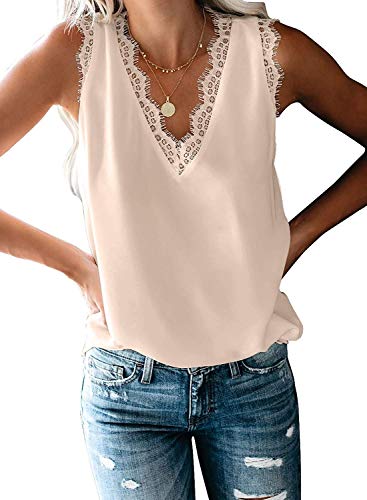 Hount Womens Solid Casual Summer Tank Tops V Neck Sleeveless Loose Fit Shirts Blouses Office (X-Large, Apricot)