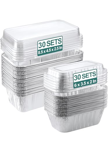 NEEBAKE 60 Pack Disposable Aluminum Loaf Pans with Lids Combo Set - 30 Pack 8.5x4.5x2.5 Foil Loaf Pans & 30 Pack 6x3.5x2 Mini Tin Foil Baking Pans Tin Trays Food Containers for Baking Cakes Bread Meat