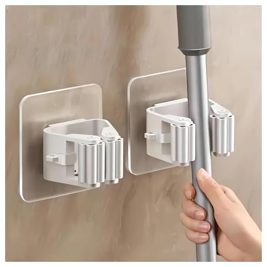 2Pcs Broom Holder Mop Hanger Wall Mount Hook Plastic Easy Install No-Drill Strong Adhesive Organizer