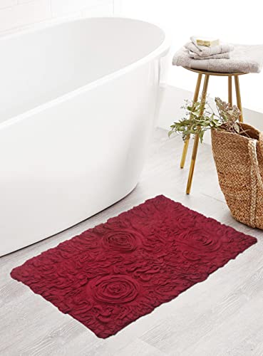Home Weavers Bell Flower Collection 100% Cotton Tufted Bath Rugs, Extra Soft and Absorbent Bath Rugs, Non-Slip Bath Mats, Machine Washable, Bath Mats for Bathroom Floor and Tub, 21"x34" Rectangle, Red