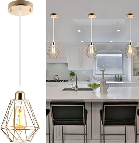 Laihezz 1-Light Modern Gold Finish Pendant Light,with Metal Cage Kitchen Island Hanging Pendant Light Fixtures,Adjustable Hanging Ceiling Light Fixture,for bar Farmhouse Restaurant Aisle Bathroom