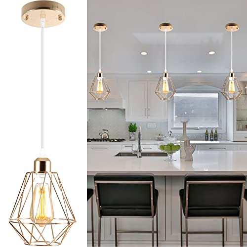 Laihezz 1-Light Modern Gold Finish Pendant Light,With Metal Cage Kitchen Island Hanging Pendant Light Fixtures,Adjustable Hanging Ceiling Light Fixture,For Bar Farmhouse Restaurant Aisle Bathroom #TOP2