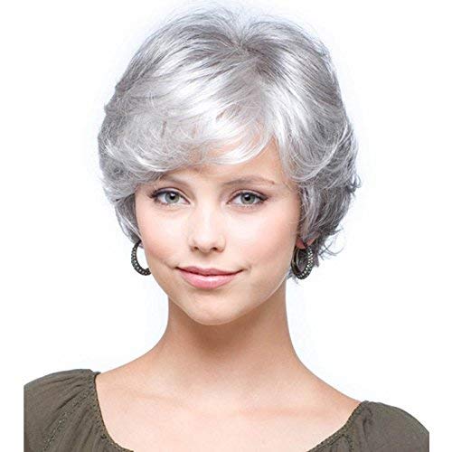 MEILEDA Short Silver Wigs for White Women Wavy Gray Bob Wigs with Bangs Heat Resistant Synthetic Full Wigs Natural Looking Wigs with Wig Cap MLD029