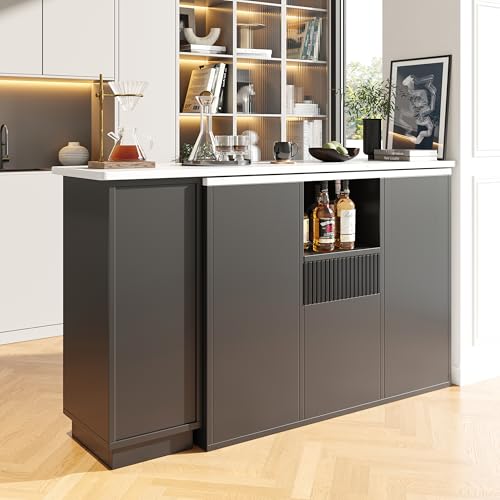Isla de cocina de rotación 360° negra con elegante encimera de mármol multifunción 6