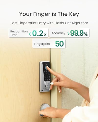 Image of DESLOC Smart Lock D110 Plus, WiFi Fingerprint Smart Front Door Lock with Touchscreen Keypad, App Remote Control, Auto Lock, Keyless Entry Deadbolt with Backlit, Silver, Deadbolt Lever Set