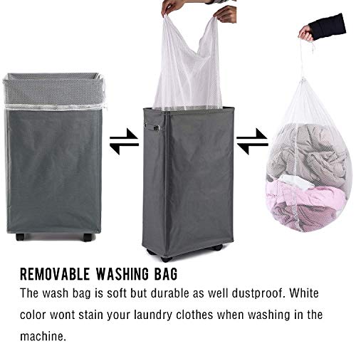 Laundry Hamper, Caroeas 27" Burlap Rolling Laundry Hamper Collapsible Tall & Slim Laundry Basket with Breathable Wash Bag Waterproof & Dustproof Laundry Cart on Wheels (Grey Linen) - Thumbnail 4