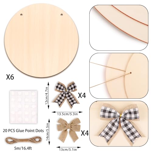 DIYDEC 6 Pack Round Wood for Crafts 12 Inch Unfinished Wood Slices Blank Wooden Door Hanger Sign Wooden Circles Discs with Bows Twine Glue Point for DIY Crafts Painting Christmas Home Holiday Decor