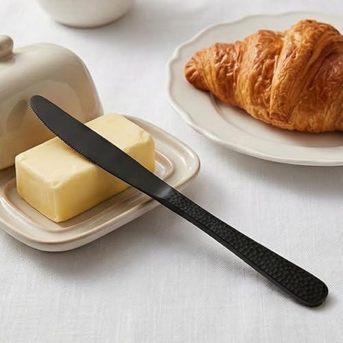 Image of 9 inch Hammered Charcoal Black Dinner Knives | 5-Piece Premium Stainless Steel Flatware Set of Steak Knives | Elegant Dishwasher-Safe Cutlery for Home, Restaurants, and Gifting