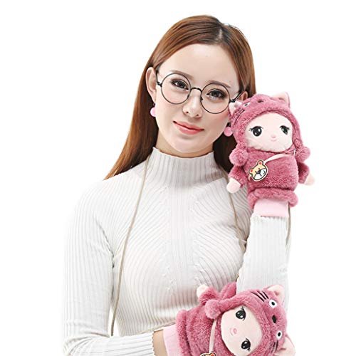 Women Cartoon Embroidery Fuzzy Plush Gloves With String Winter Windproof Thicken Lining Mittens Hand Warmer