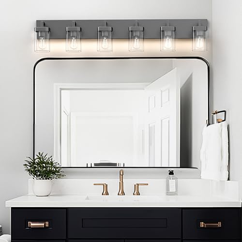 Image of Bathroom Vanity Light, Square Design 6 Lights Morden Bathroom Lighting Fixtures Over Mirror, Black Vanity Light for Living Room /Bedroom