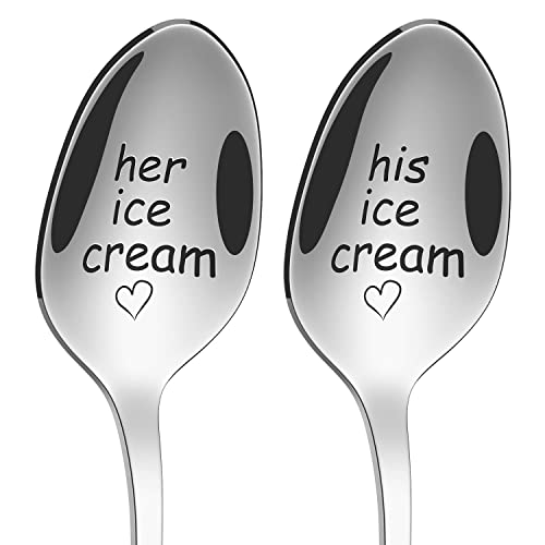 Vinsani 2 Pieces Ice Cream Engraved Spoons His & Hers Couple Gift Idea Anniversary Wedding Valentines Wife Husband Boyfriend Girlfriend Engagement Stainless Steel Coffee Tea Dessert Silverware