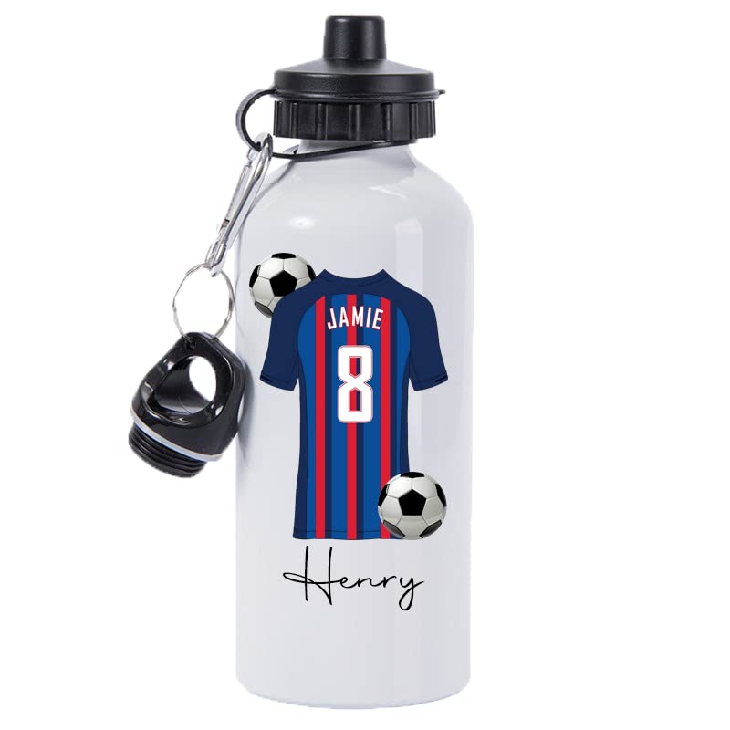 Pickhut Personalised Football 600ml White Aluminium Sports Water Bottle Back to School Gift for Kids, Customised with Name/Number/Text with Football Shirt Blue & Garnet Stripes Jersey Kit (D6) โ image 1