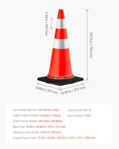 VEVOR Sicherheitskegel, 75 x 37 x 37 cm Verkehrskegel, orangefarbene PVC-Baukegel, Reflektierende Kragen, Verkehrskegel mit Schwarzer, Beschwerter Basis, Verwendet für Verkehrskontrolle