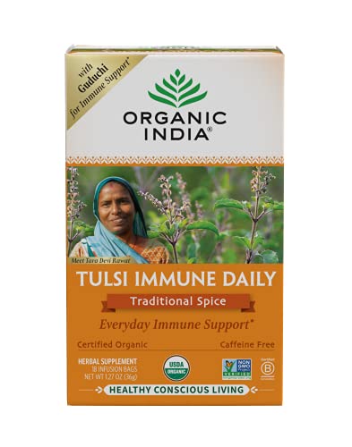 Organic India Tulsi Tea - Holy Basil, Immune Daily Organic Tea, Caffeine Free, Vegan, Gluten Free, Non GMO Herbal Supplement With Added Ginger and Cinnamon - Traditional Spice, (Pack of 1) Organic India Tulsi Tea - Holy Basil, Immune Daily Organic Tea, Caffeine Free, Vegan, Gluten Free, Non GMO Herbal Supplement With Added Ginger and Cinnamon - Traditional Spice, (Pack of 1)